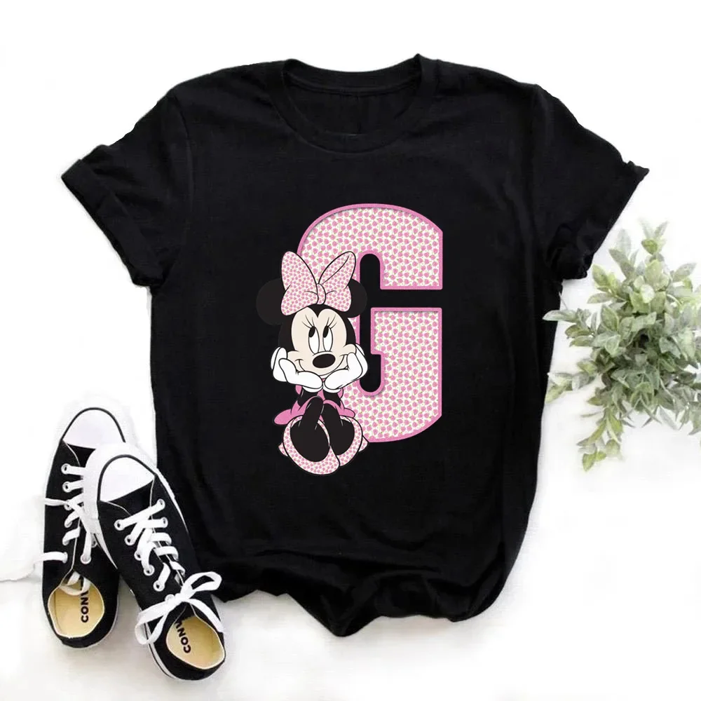 thumbnail image 1 of Camiseta de algodón para niños de Disney Minnie Mouse, divertida camiseta con estampado de 26 letras mayúsculas de la A a la Z, camisetas góticas para niñas, camisetas kawaii de verano, 1 of 5