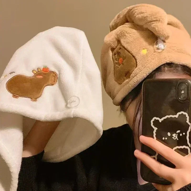 Cute Cartoon Capybara Plush Dry Hair Cap Good Absorbent Quick Dry Coral Velvet Shower Cap for Women Kids Kawaii Girl Hair Towel