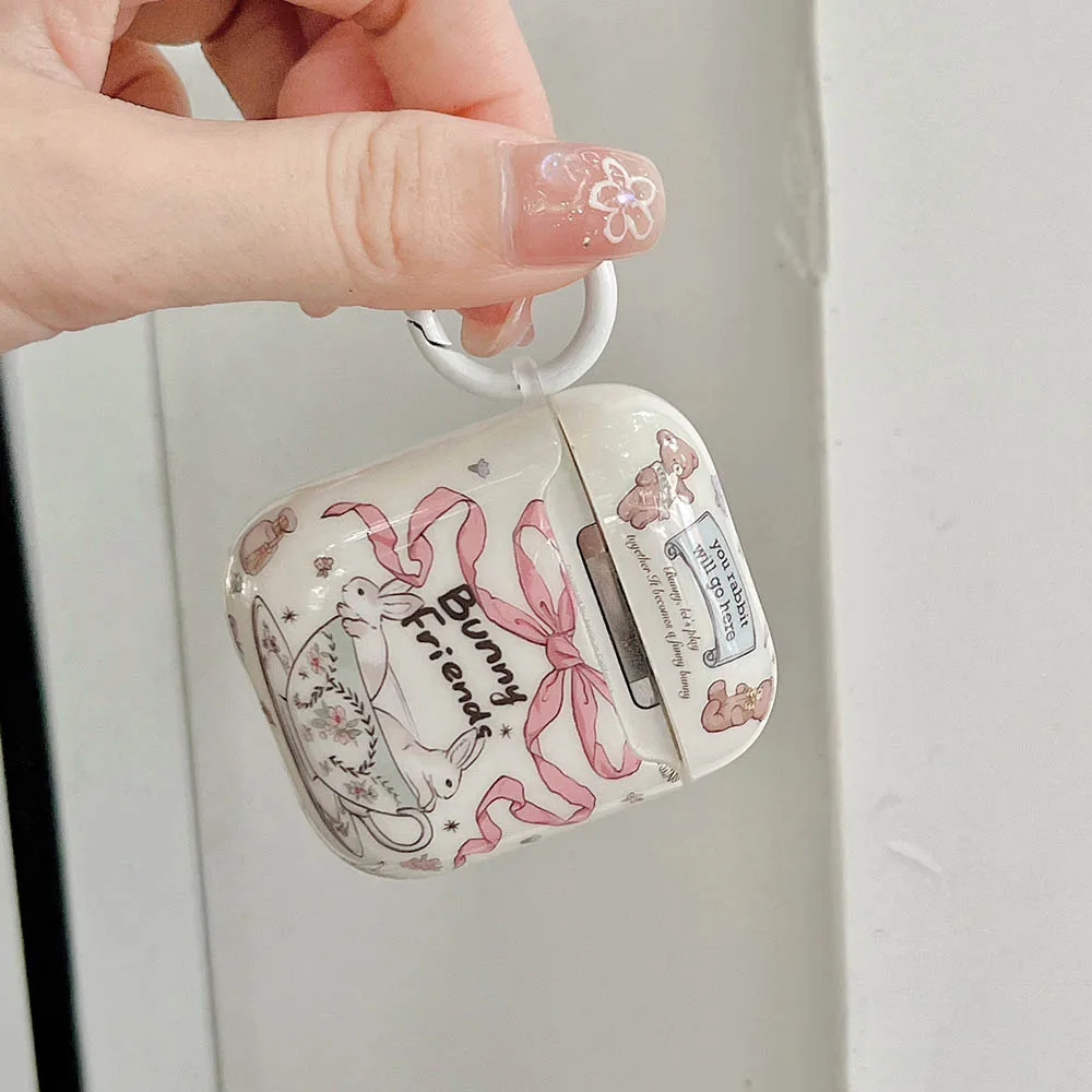 Korean Cute Pink Ribbon Bowknot Rabbit Earphone Case For Apple AirPods Pro 1 2 3 Funda Bunny Friends Cartoon Bear Glossy Cases