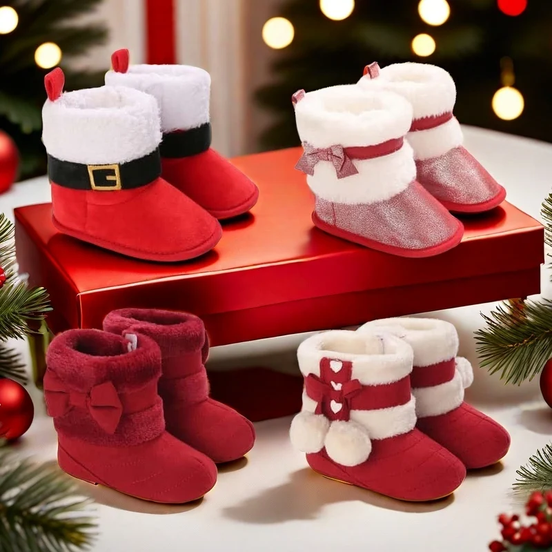 Christmas theme 0-18M New baby shoes Boots for Girls Baby First Walker plus fleece warm cotton shoes baby shoes baby boots winter snow boots