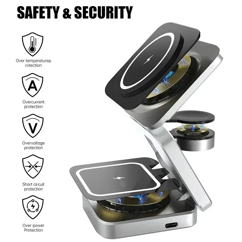 Magnetic Wireless Charger 3 in 1 Stand Pad For iPhone 15 14 13 12 Pro Max IWatch 8 7 6 5 Airprods Macsafe Fast Charging Station