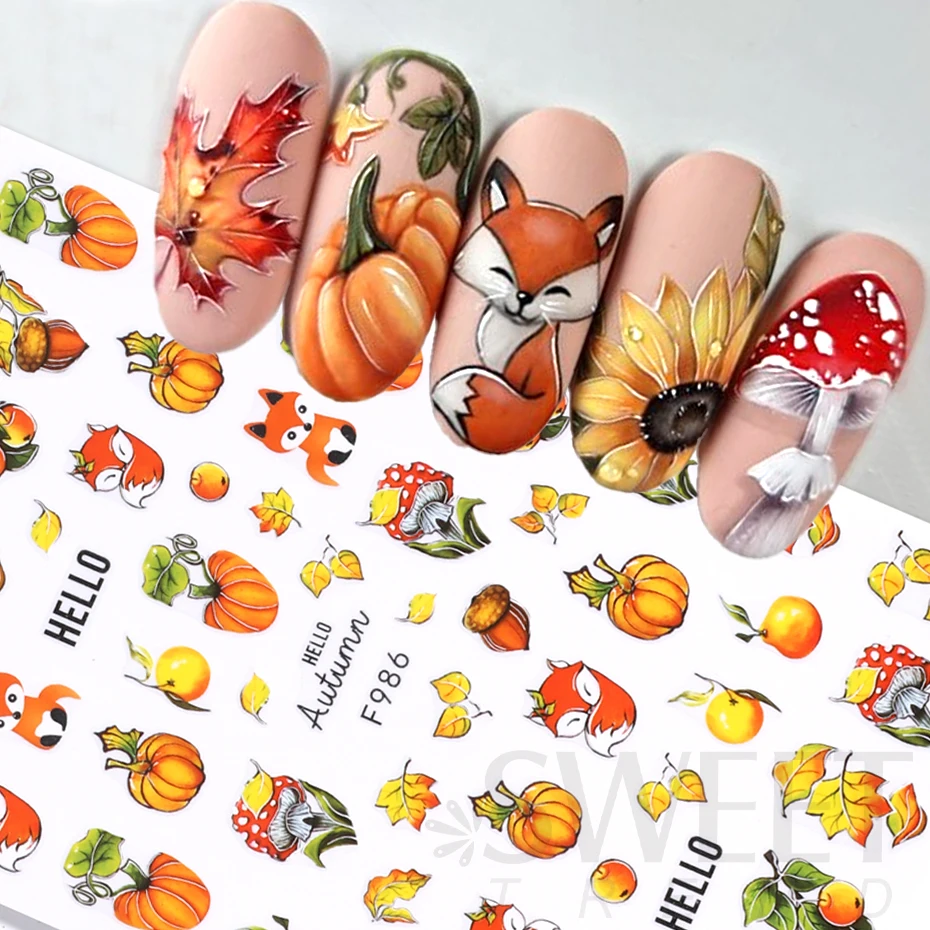 Kalolary Herbst Nagelsticker 12 Blätter – 3D Aufkleber Mit Ahorn, Kürbis, Eichhörnchen Für DIY