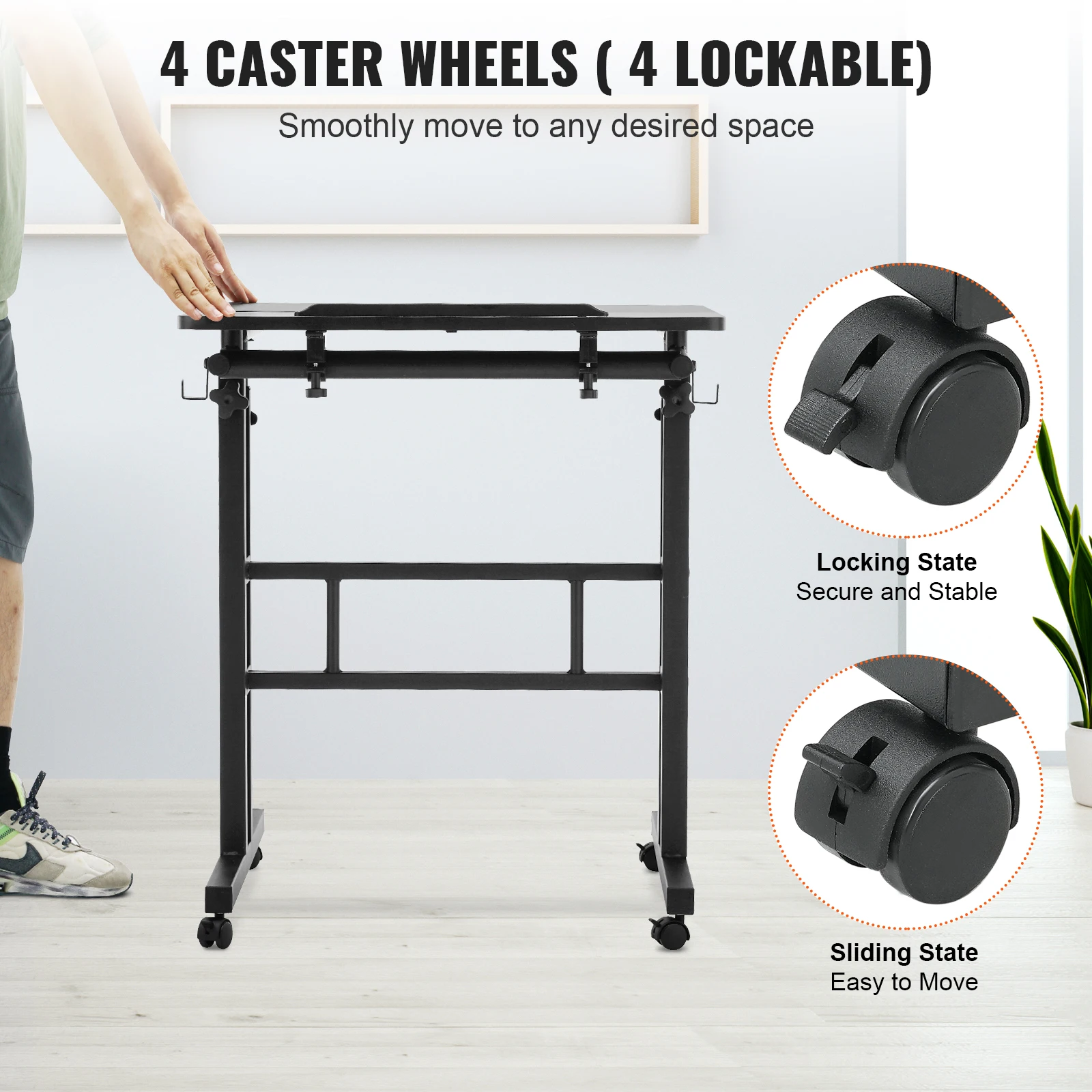 Sit-Stand Desk VEVOR 26.4"-44.9" Gas-Spring Height Adjustable 360&deg; Swivel Wheels Home Office Rolling Laptop Tiltable