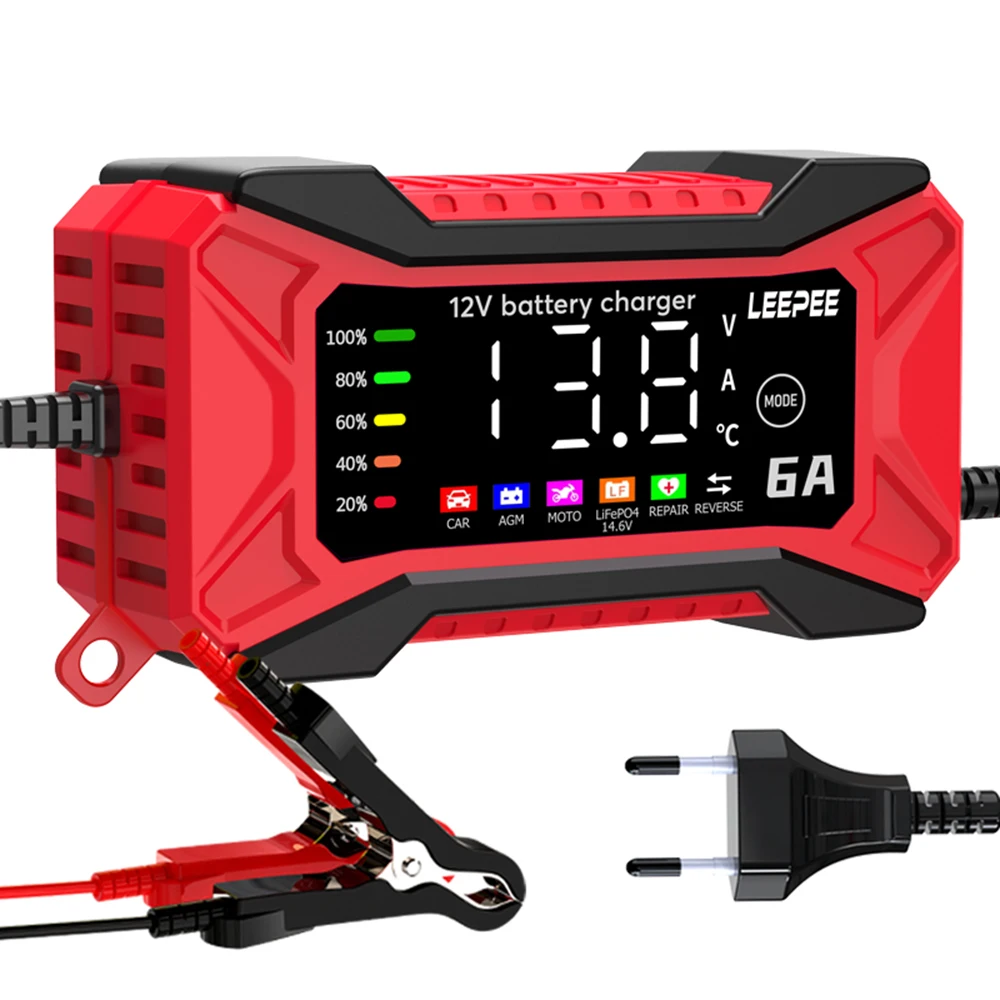 Enhanced Digital LCD Car Battery Charger 12V 6A with Intelligent Pulse Repair and Temperature Detection
