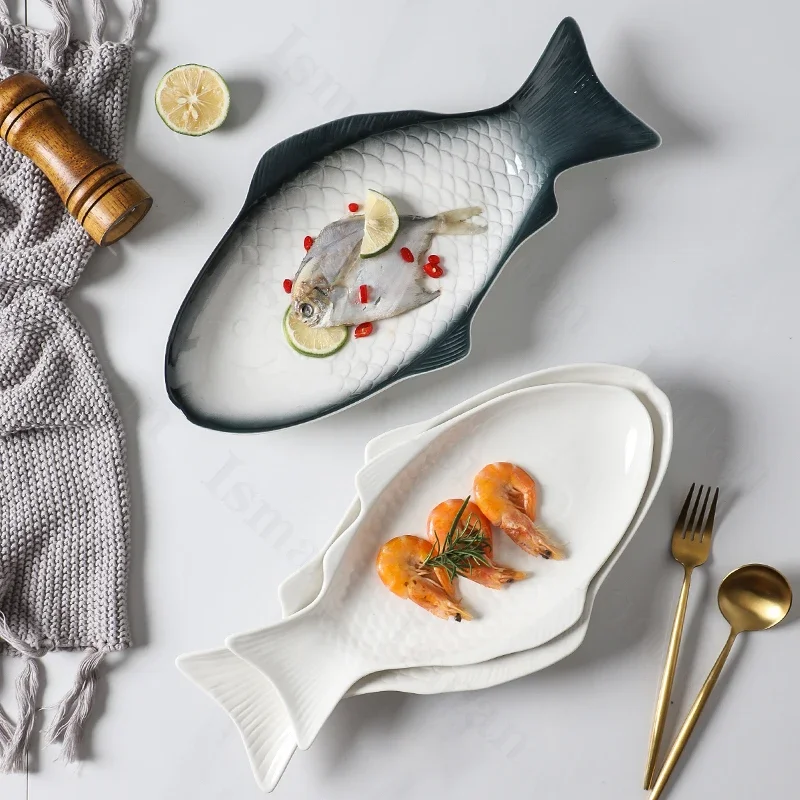 Creative Fish Shaped Ceramic Plate Simple Restaurant Tableware Steamed Fish Dish Grilled and Seafood Dishes Dinner Plates