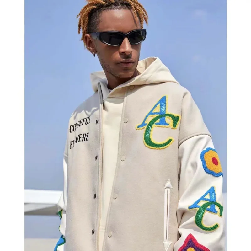 Flower Embroidered Flocking Jacket Men Women Streetwear Varsity