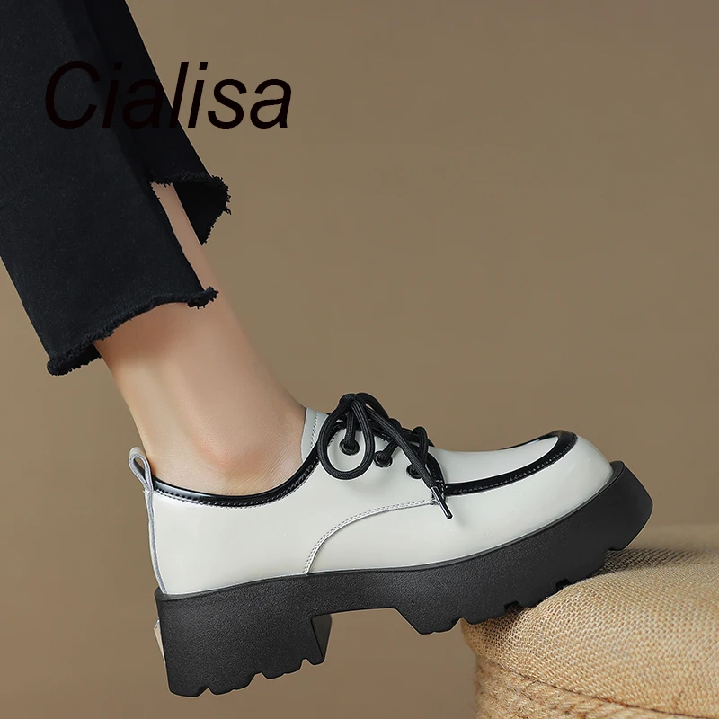 

Cialisa Loafers Casual Platform Women Shoes Autumn Round Toe Mixed Colors Genuine Leather Chunky Heels Handmade Ladies Footwear