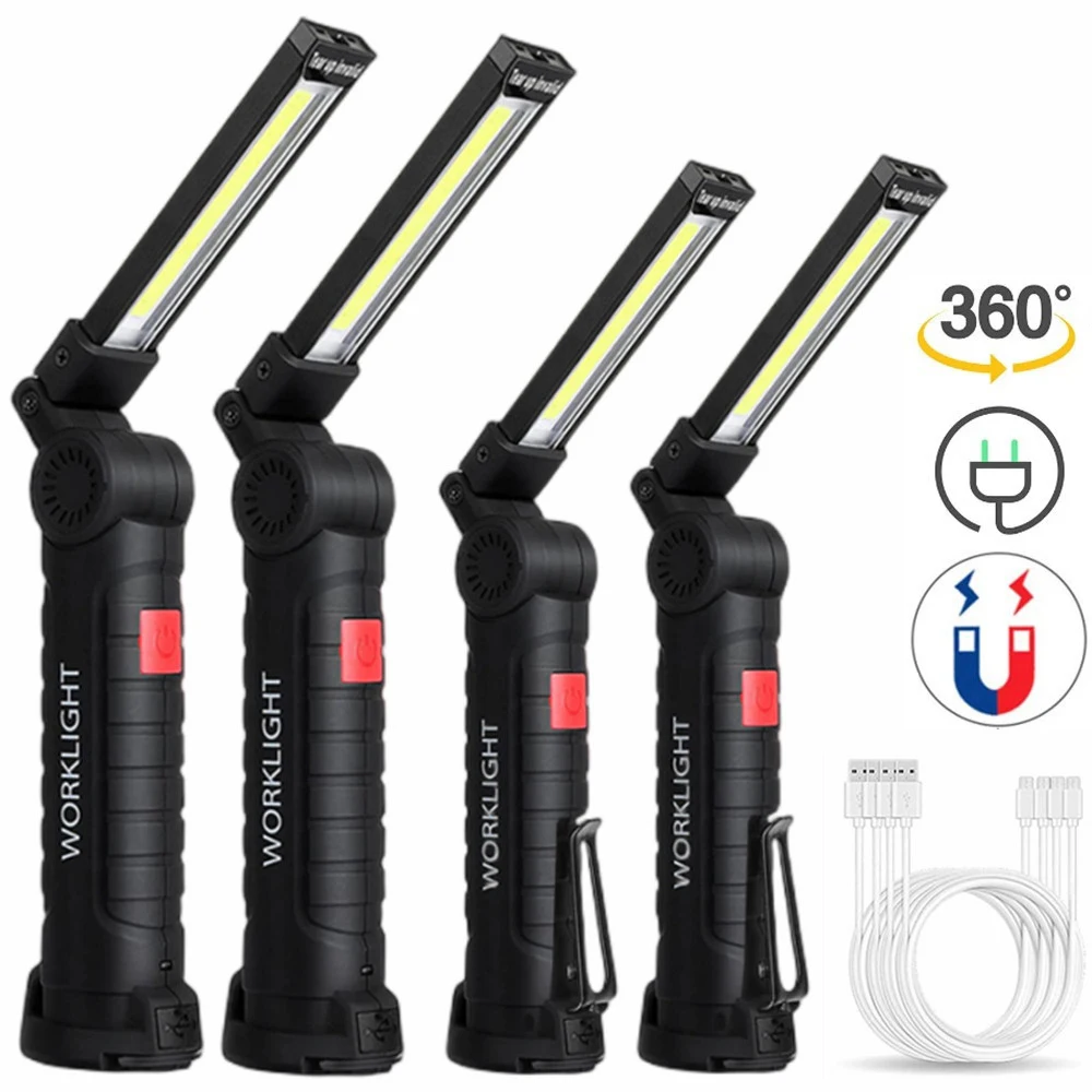 

Portable Magnetic LED Flashlight USB Rechargeable Work Inspection Light 5 Modes Torch COB Lantern Hanging Hook Lamp With Cable