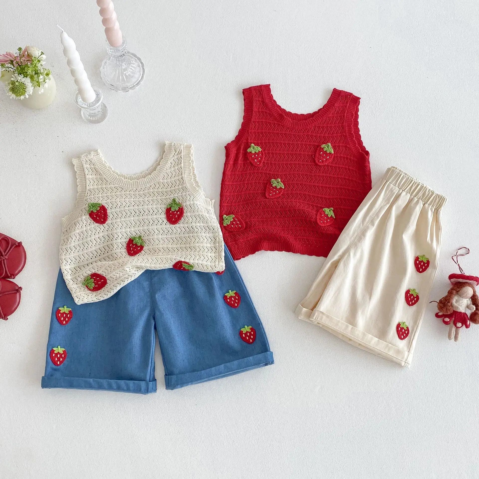 Girls Summer Strawberry Vest and Pants Set