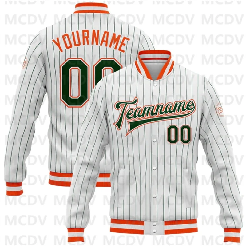 Custom White Brown Pinstripe Pink Bomber Full-Snap Varsity Letterman Jacket 3d Printed Baseball Button Jacket