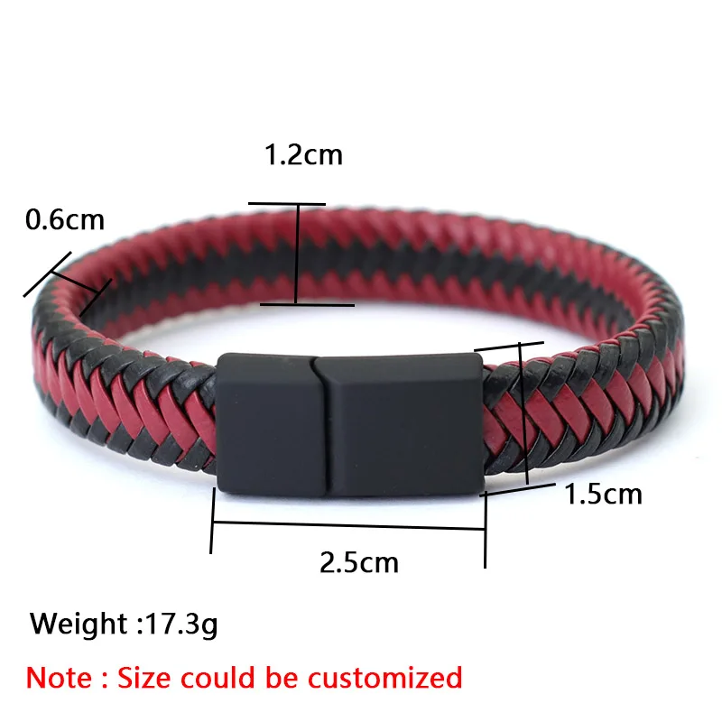 Men Leather Bangle Black Braided Magnetic Clasp Punk Bracelet
