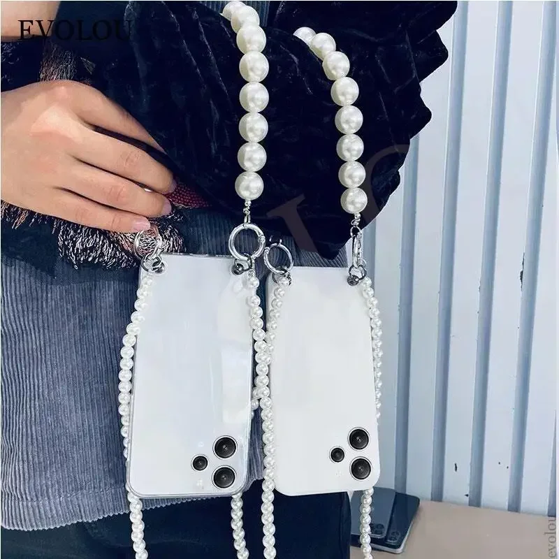 Pearl Bracelet Chain Crossbody Lanyard Phone Case - Soft Silicone Cover