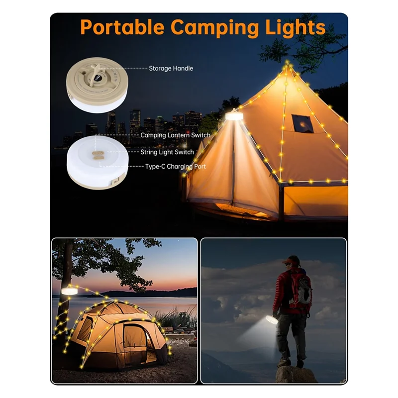 LUDA 2-In-1 Outdoor Camping String Light With 5 Lighting Modes,Portable Led Camping Lantern For Tent,Yard,Decoration(32.8FT)
