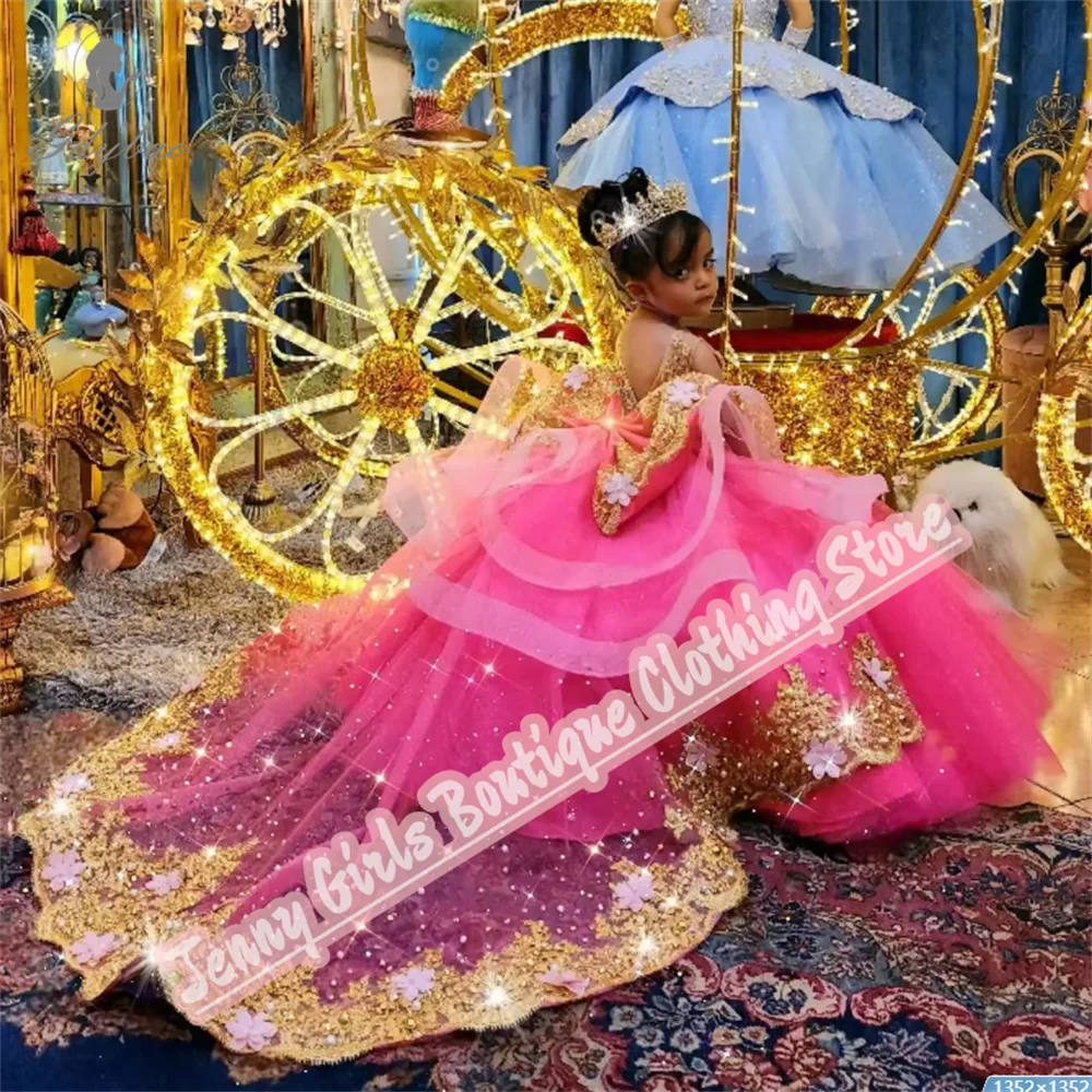 Rose Pink Girl Party Long Dresses Gold Appliqued Wedding 2025 Customized Birthday Pageant Feast Events Dress 1