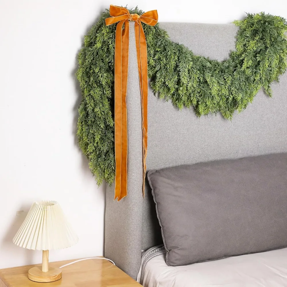 2 Pcs 9ft Christmas Cedar Garland Artificial Green Cedar Pine Needles for Home Fireplace Indoor Outdoor Holiday Party Decoration 6