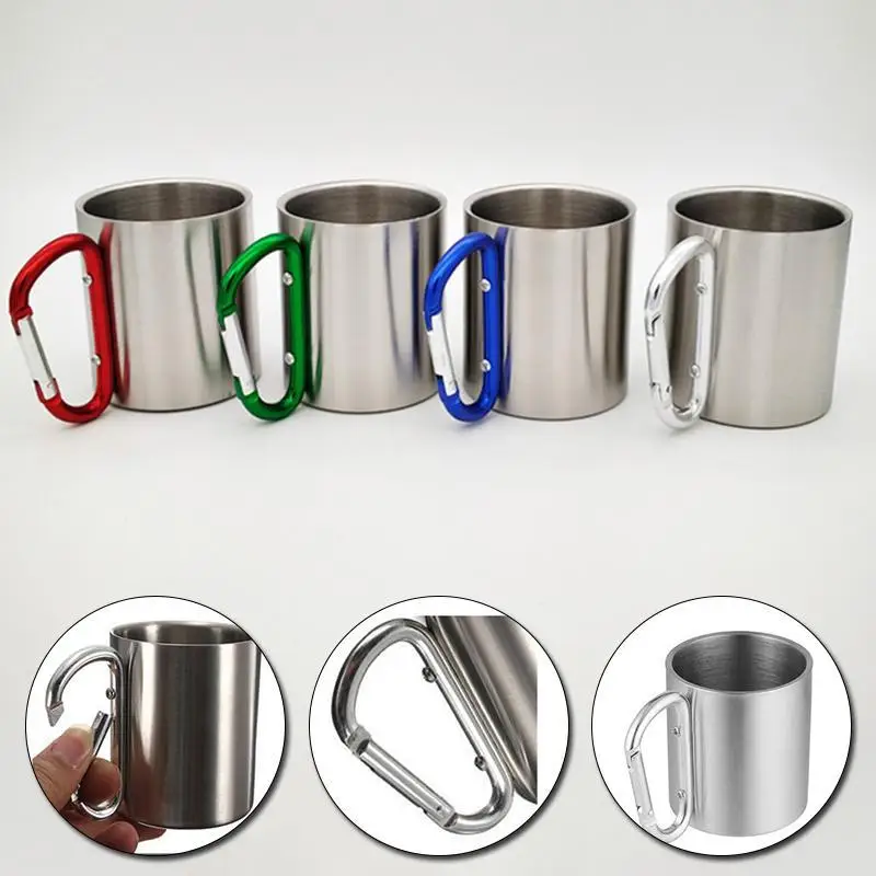 Stainless Steel Cups, Stainless Steel Mug, Water Cup 220Ml Stainless Steel Cup Camping Travel Carabiner Hook Handle Picnic Water Mug Outdoor Travel Hike Portable