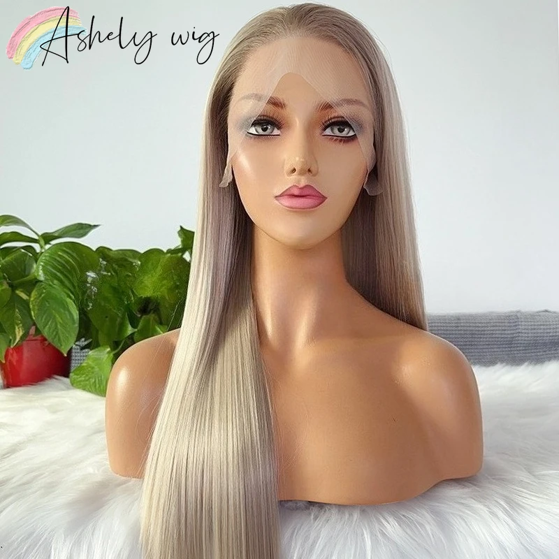 Ash Blonde Lace Front Wig for Women 13*4 Lace Frontal 26inch Long Striaght Hair Wig 180% Density Synthetic Lace Wigs  Daily Use