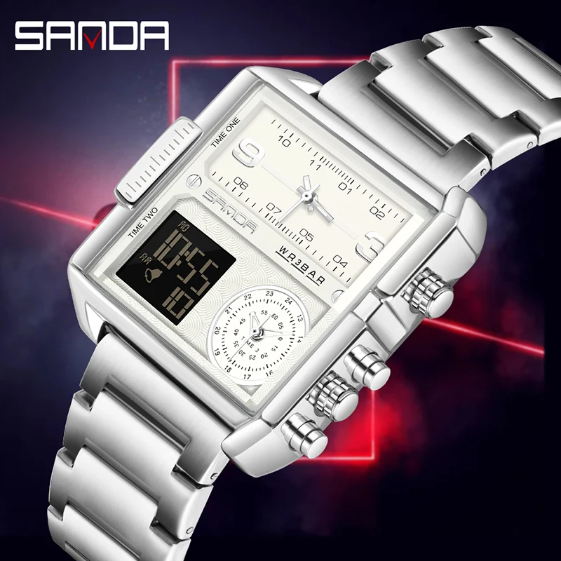2023 SANDA 6023 Casual Personality Business Men's Watch Fashion Square Electronic Watch Cool Stainless Steel Luminous Watch