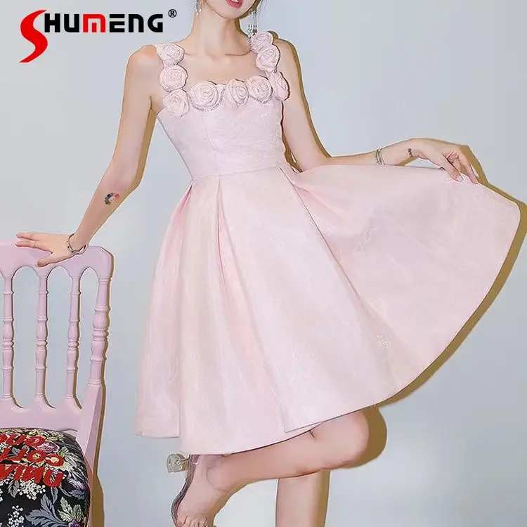 

Pink 3D Flower Rhinestone-Embedded Sleeveless Dress Women's Summer New Western Style Waist-Slimming Puffy Suspender Dress