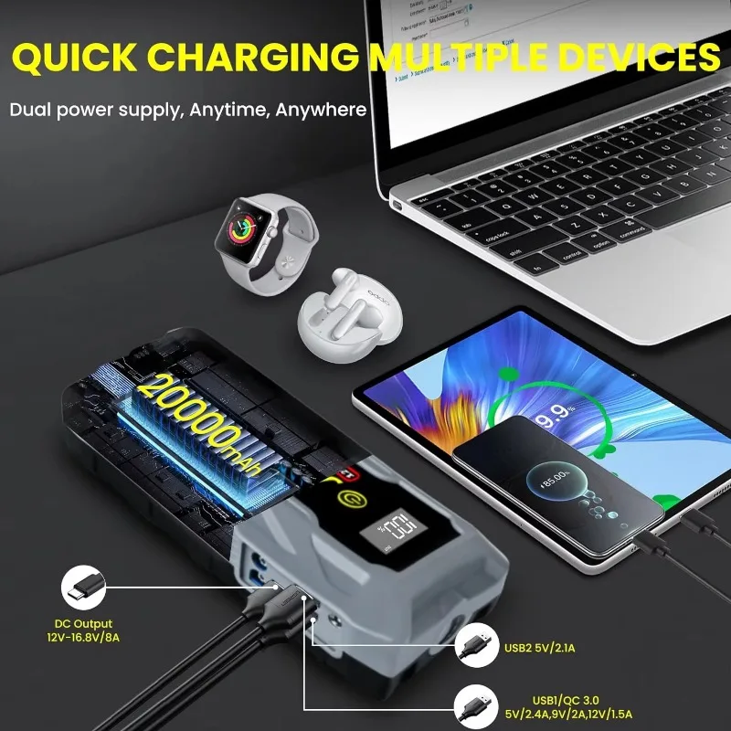 8250A Car Battery Jump Starter 12V Pro Portable Booster PD66w 20000mAh Battery Car 13L For Emergency Booster Starting Device