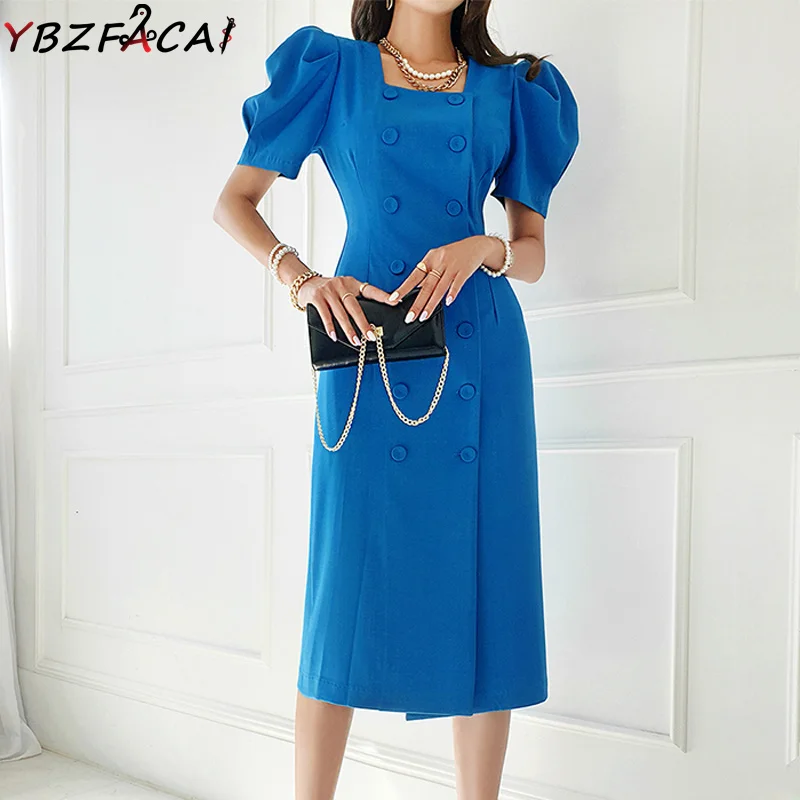 

Blue Dress Korean Temperament Square Neck Slim Double Breasted Fashion Commuter Dress Elegant Women's Puff Sleeve Summer Dress