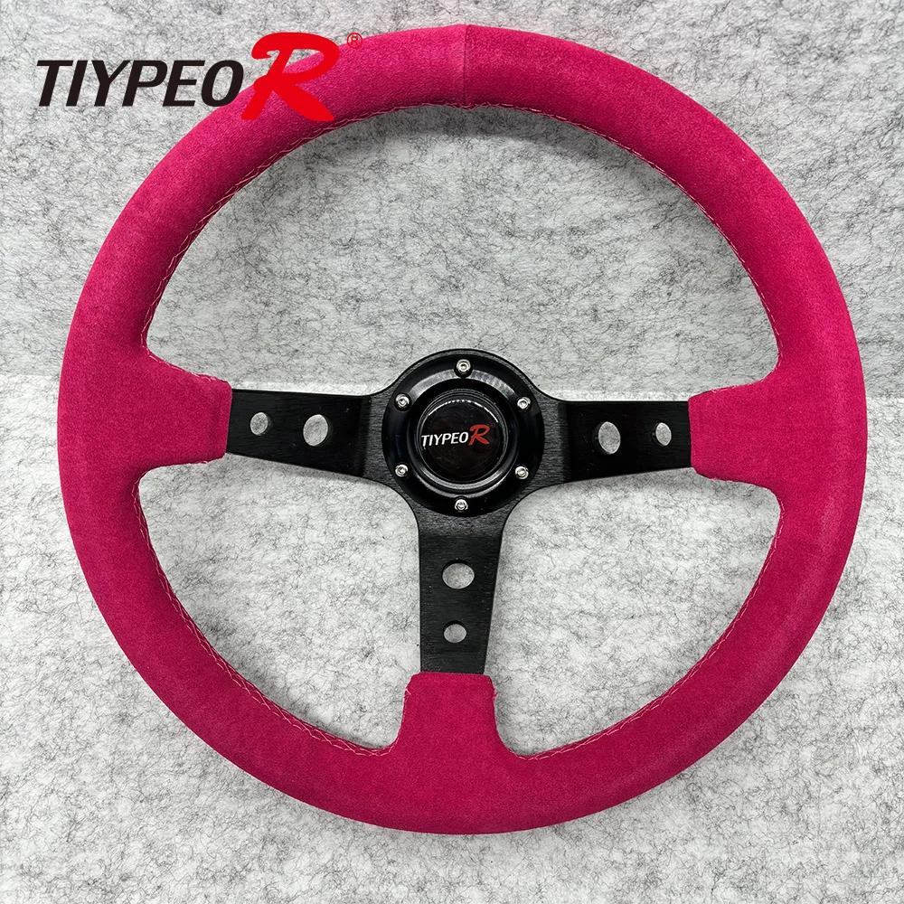 

JDM 350mm 14 inch high quality suede leather car steering wheel red sport steering wheel Deep Disk Bracket with round hole