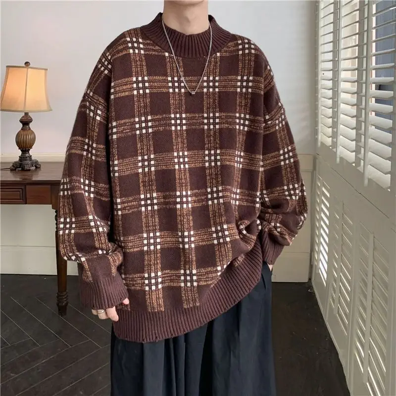 

Autumn Plaid Pullover Sweater Men Cozy Loose O-neck Sweaters Couples Knitted Retro Warm Long Sleeve Korean Fashion Teens Jumpers