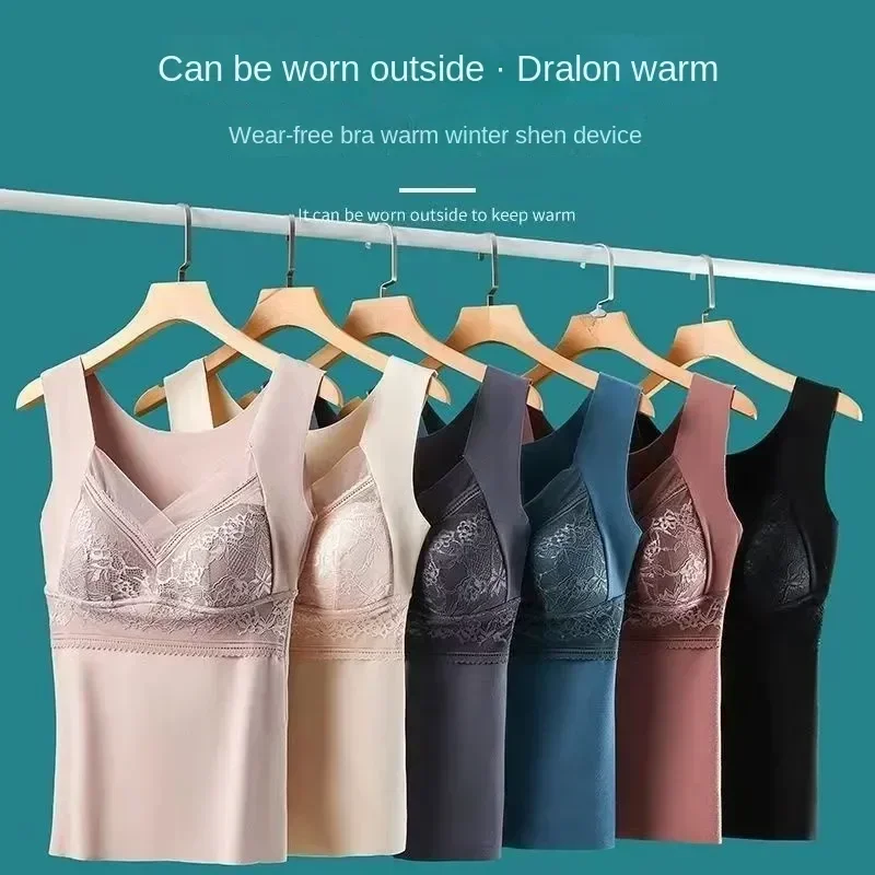 

Cup Keep Lace Tops Warm Women Velvet Vest Padded Winter Bras Neck V Plussize Sexy Slim Tank Female Clothes for Underwear Thermal