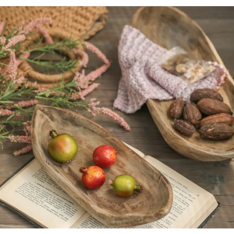 Wabi-sabi Japanese Wooden Boat-Shaped Snack Tray Rustic Boho Home Decor Fruit Dish for Snacks Handcrafted Jewelry Dish Bowl 4