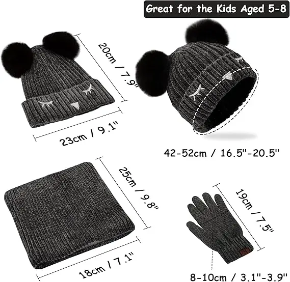 3 Pack Kids Hat Scarf Gloves Sets Winter Warm Pom Beanie Hat Fleece Lined Neck Warmer for Girls Boys 2-6