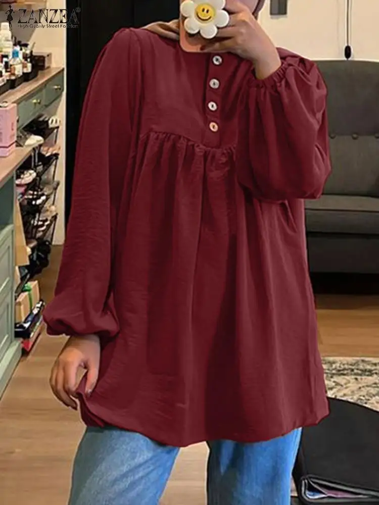 

ZANZEA Fashion Eid Mubarek Blouse Female Elegant Party Chemise Long Sleeve O-Neck Tunic Tops Woman Casual Islamic Clothing 2024