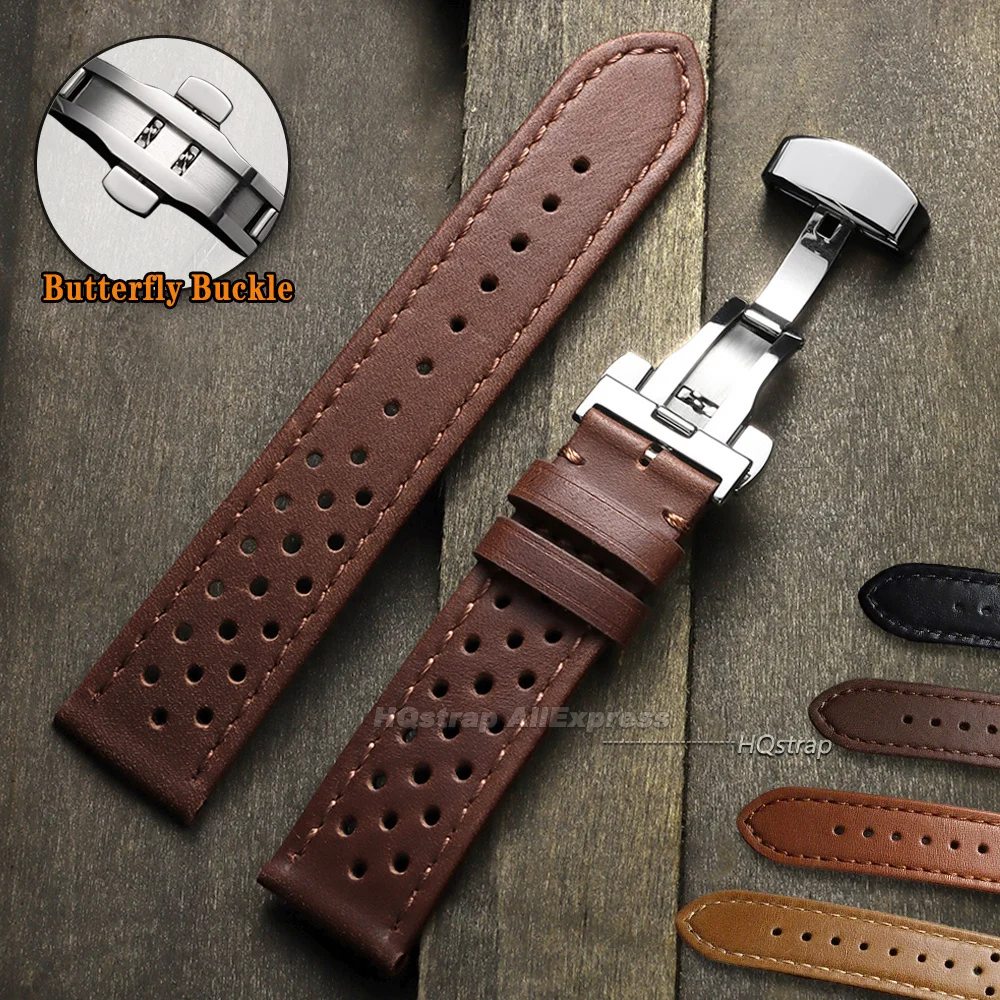 Breathable Leather Watch Strap with Quick Release and Butterfly Buckle