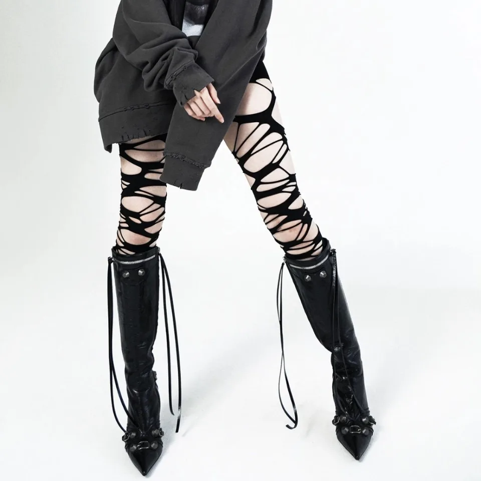 Lace Pantyhose Cute Pantyhose Women Sexy Perforated Stocking Halloween Gothic Punk Torn Strap Y2k Ragged Party Underwear