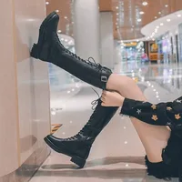 Shoes for Women Black Middle Heel Footwear Winter Knee High Shaft Long Ladies Boots with Laces Lace-up on Promotion New Rock Pu - Image 3