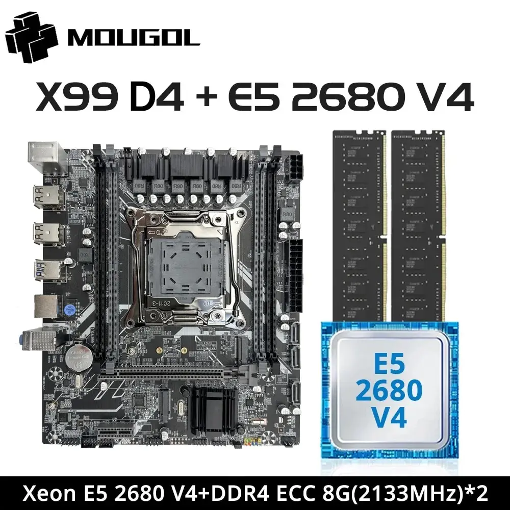 MOUGOL X99 Gaming Motherboard Set with Intel Xeon E5 2680 V4 CPU& DDR4 8Gx2 2133MHz Dual Channel ECC RAM M.2 NVME for Desktop PC