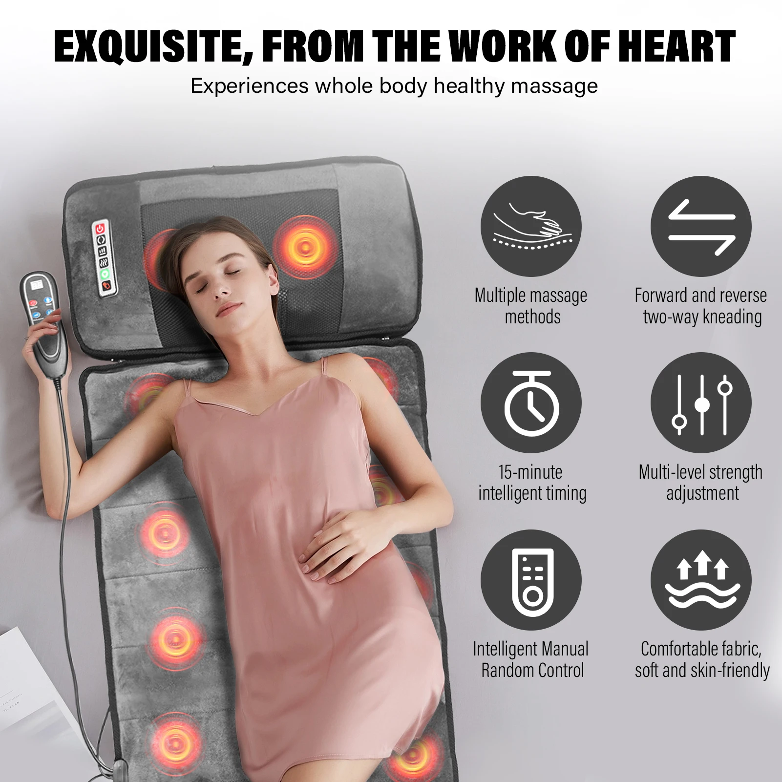 Tappetino massaggio completo con airbag stretching e riscaldamento, trazione lombare, cuscinetto 3D, 4 modalità, 3 intensità, 3 livelli calore, pelle