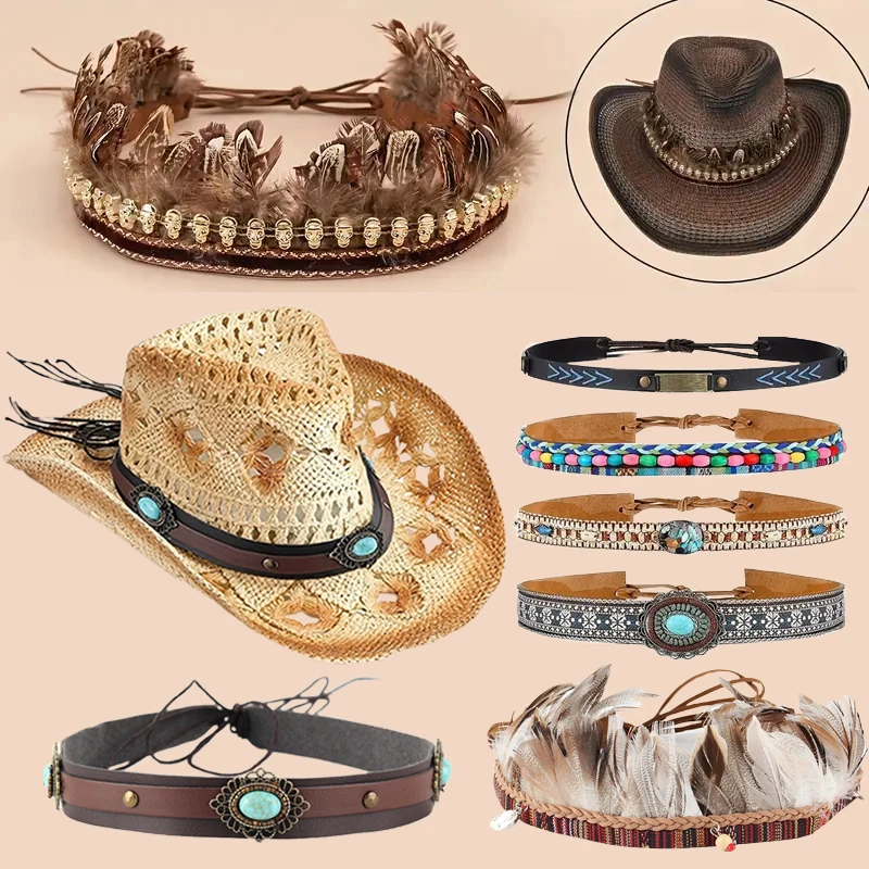 

Vintage Ethnic Style Braid Hat Bands Men Women Adjustable Fashion Straw Cowboy Panama Hat Belt Buckle Boho Hat Accessories