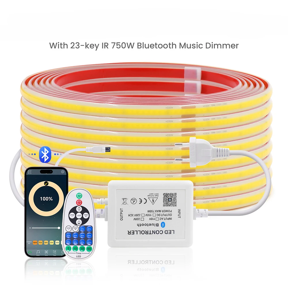 220V Dimmable COB LED Strip Light WIFI Bluetooth Wall Touch 23key Remote Control