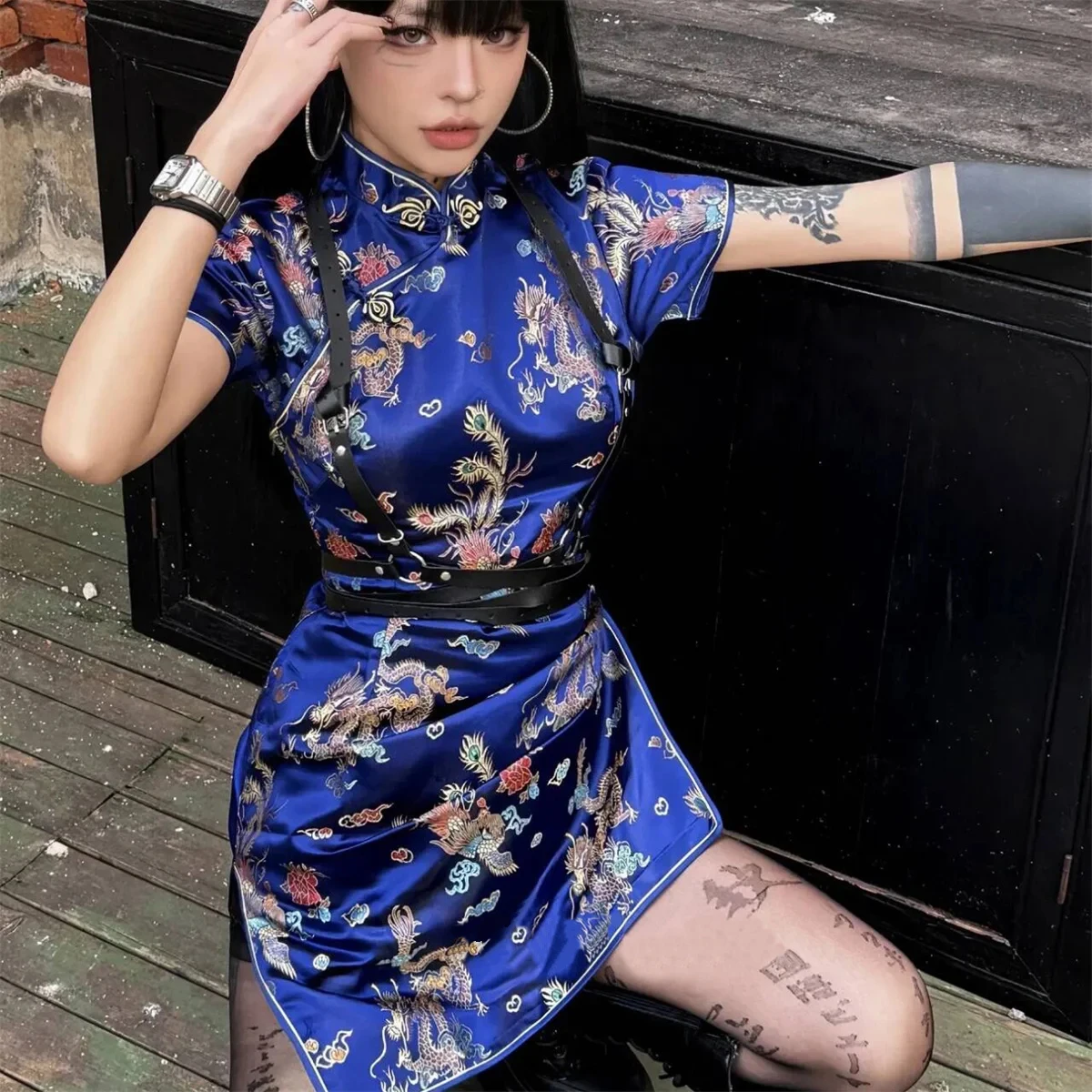 Plus Size Cheongsams Qipao Vintage Chinese Dress Dragon Phoenix Print Short Satin Gothic Streetwear Oriental Mini Dresses
