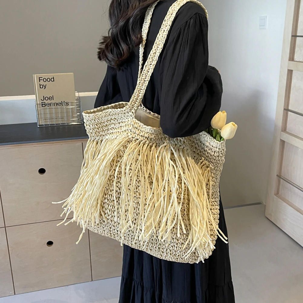 Tassel Shoulder Bag for Women Straw Woven Tote Bag Summer Beach Bags Weaving Handbag for Travel Vacation New 2024 Women's Bag