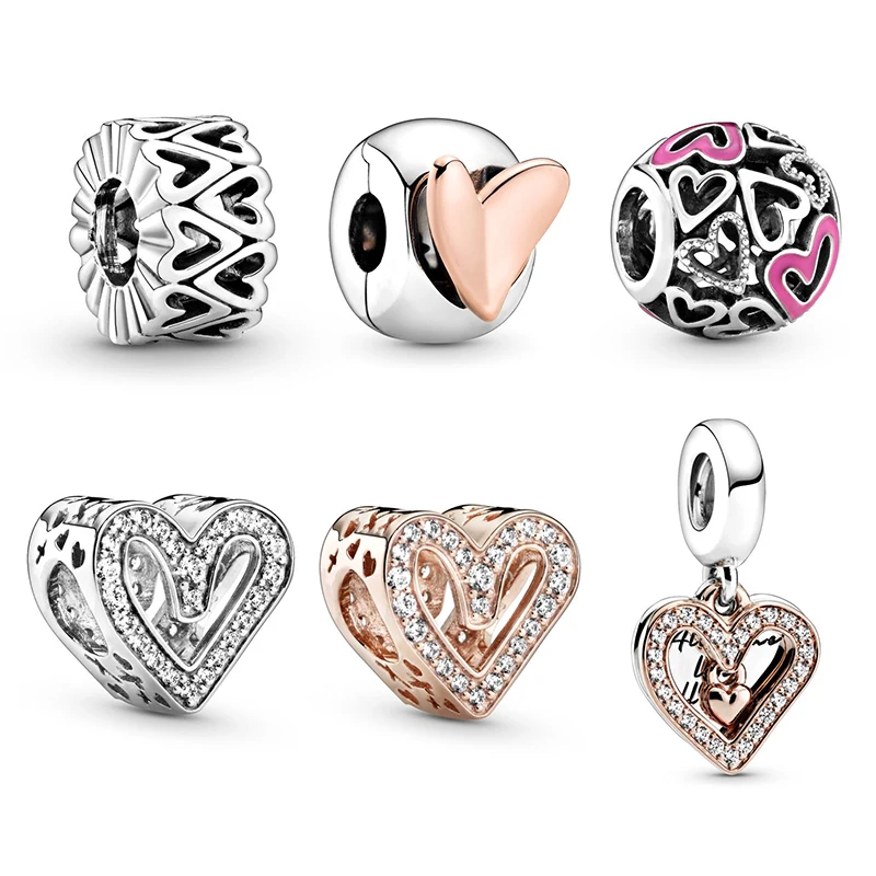 

New 100% 925 Sterling Silver pan Sparkling Freehand Heart Dangle Charms DIY Openwork Valentine's Day Gift