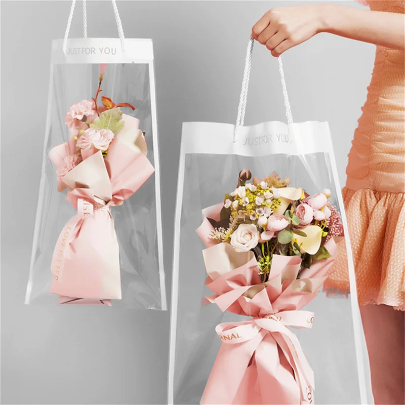 For Bouquet Gift Bag Packaging Bags Flowers Wrapping Transparent With Handle Florist Plastic Bag Party Supplies 10/20pcs