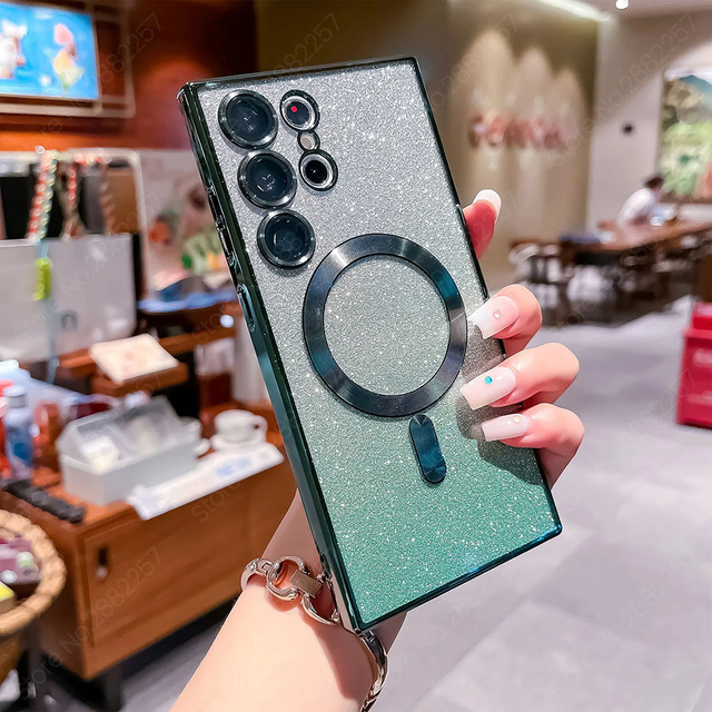 Glitter Luxury Magnetic Woman Case For Magsafe For Samsung Galaxy S24 S23 S22 Ultra Plus Accessories Wireless Charging Cover - For Galaxy S22, Dark Green