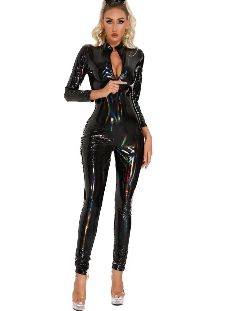 Unisex Laser Wet Look Cosplay Bodysuit Tights Jumpsuit