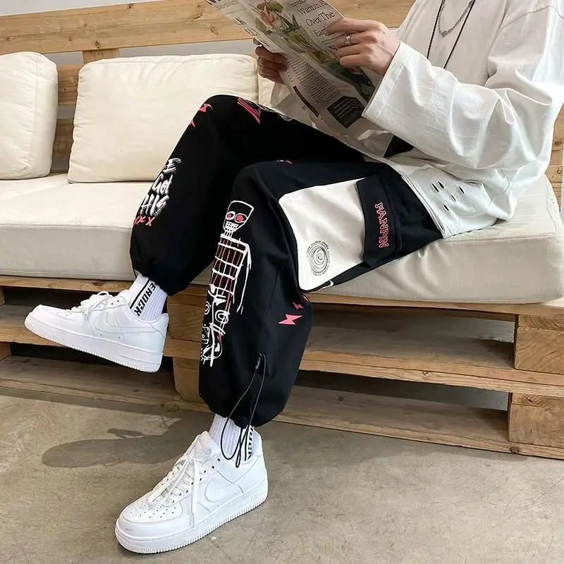 

pants men spring High waist wide leg overalls Harajuku Graffiti printed couple loose-footed loose handsome casual Male trousers