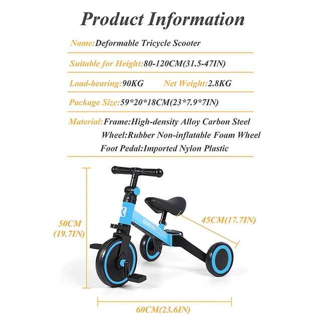 Infant Shining Children's Scooter Tricycle 3-in-1 Children's Balance Bike 1-6 Years Ride on Car 3 Wheels Non-inflatable 3