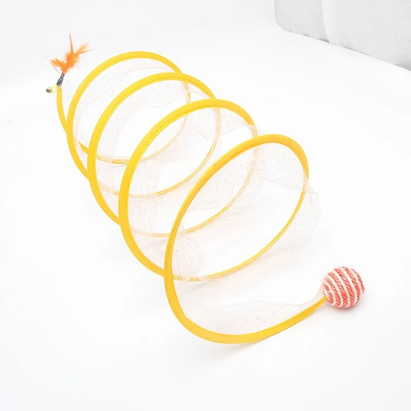 Túnel plegable para gatos, tipo S, juguete de resorte, túnel para gatos, con bolas y textura arrugada, juguetes interactivos para gatos al aire libre