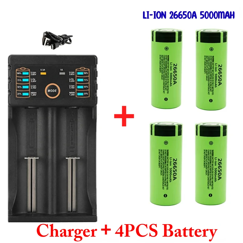 100% Neue Original Hohe Qualitàt 26650 Batterie 5000Mah 3,7 V 50A Lithium-Ionen Akku Fur 26650A Led Taschenlampe + Ladegerskt