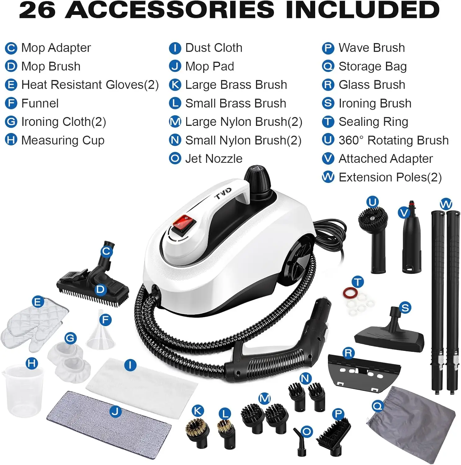 Heavy Duty Canister Steamer with 26 Accessories, Steam Mop with 5M Extra-Long Power Cord for Home Floor Cleaning, Grout, 3
