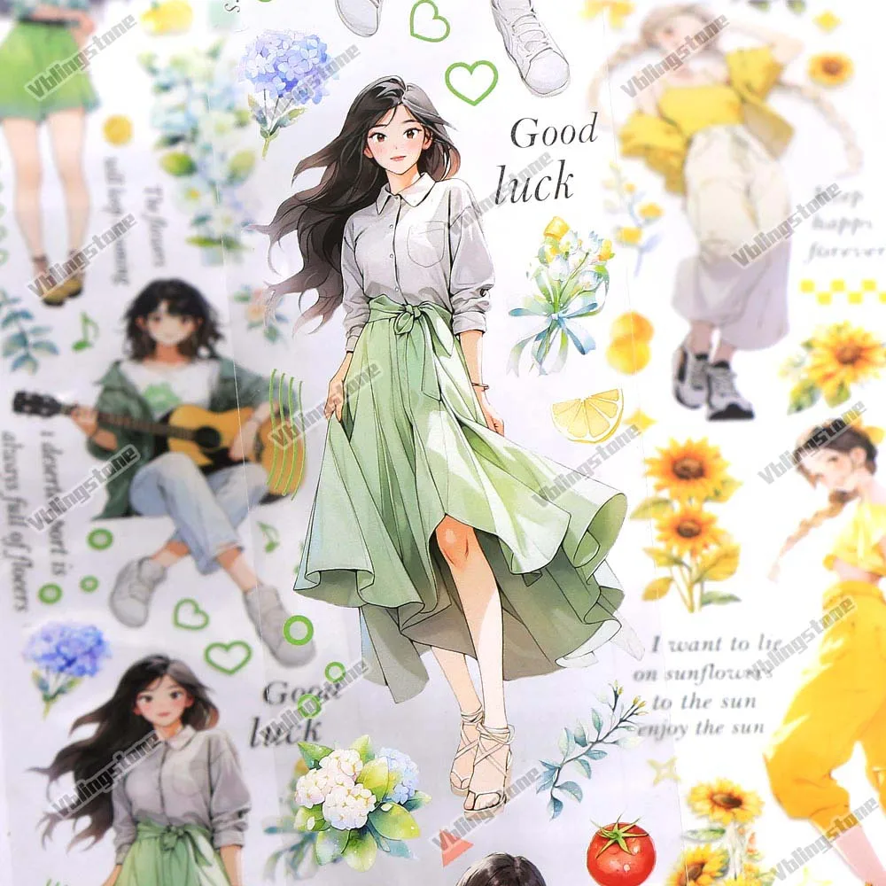 여름 소녀 애완 동물 마스킹 테이프 스크랩북 해바라기 장미 와시 테이프, DIY 일기 장식, 해피 데이, 2M